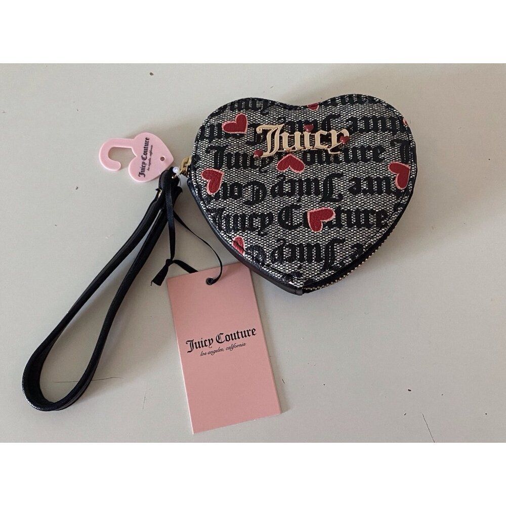 Juicy Couture V-I Heart Juicy Heart Zip Around Wristlet Gothic Black Beige NEW